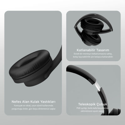 Bix Soundcraft BH2 Katlanabilir Hoparlör Özellikli EQ Mod Kablosuz Bluetooth 5.3 Kulaküstü Kulaklık Siyah - 5