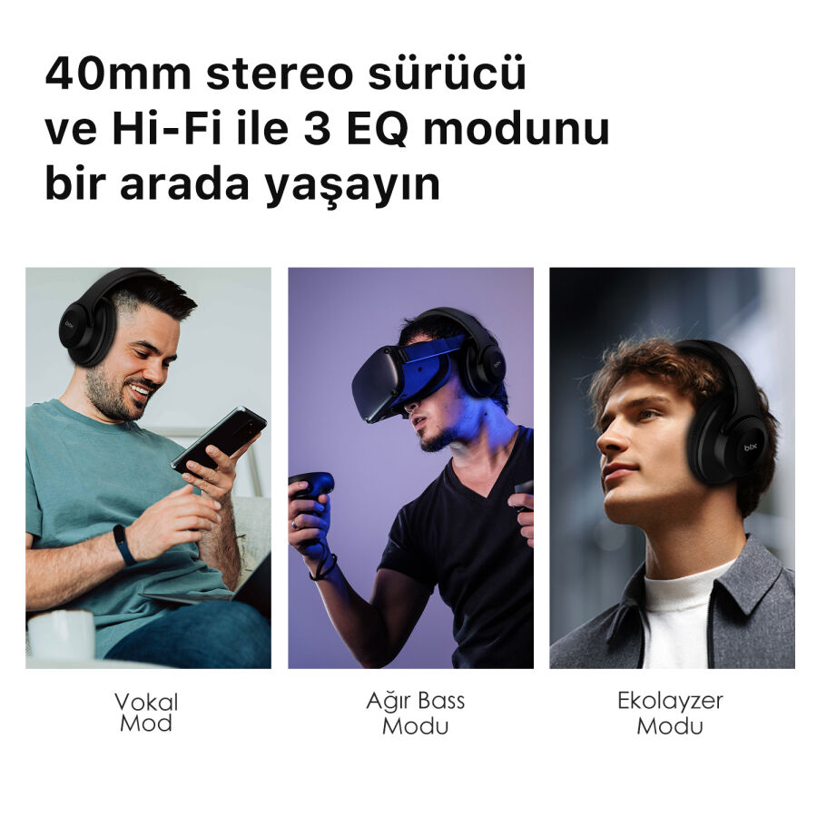 Bix Soundcraft BH2 Katlanabilir Hoparlör Özellikli EQ Mod Kablosuz Bluetooth 5.3 Kulaküstü Kulaklık Siyah - 3