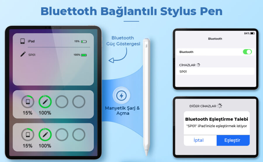 Bix SP01 Apple iPad Mini/Pro/Air Tablet Uyumlu Dokunmatik Bluetooth Stylus Yazı ve Çizim Kalemi - 7