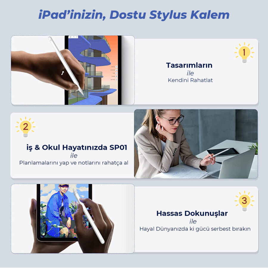 Bix SP01 Apple iPad Mini/Pro/Air Tablet Uyumlu Dokunmatik Bluetooth Stylus Yazı ve Çizim Kalemi - 3