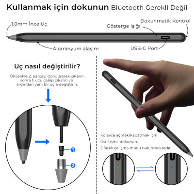 Bix SP02B Universal Android ve iPad Tablet Uyumlu Dokunmatik Bluetooth Stylus Yazı ve Çizim Kalemi Siyah - 5