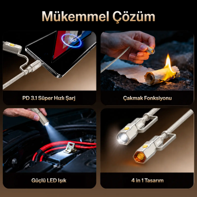 Bix T2IN1C 240W LED Fener ve Alevsiz Çakmak Fonksiyonlu Type-C to Type-C Şarj ve Data Kablosu 1.2 Metre Gri - 3