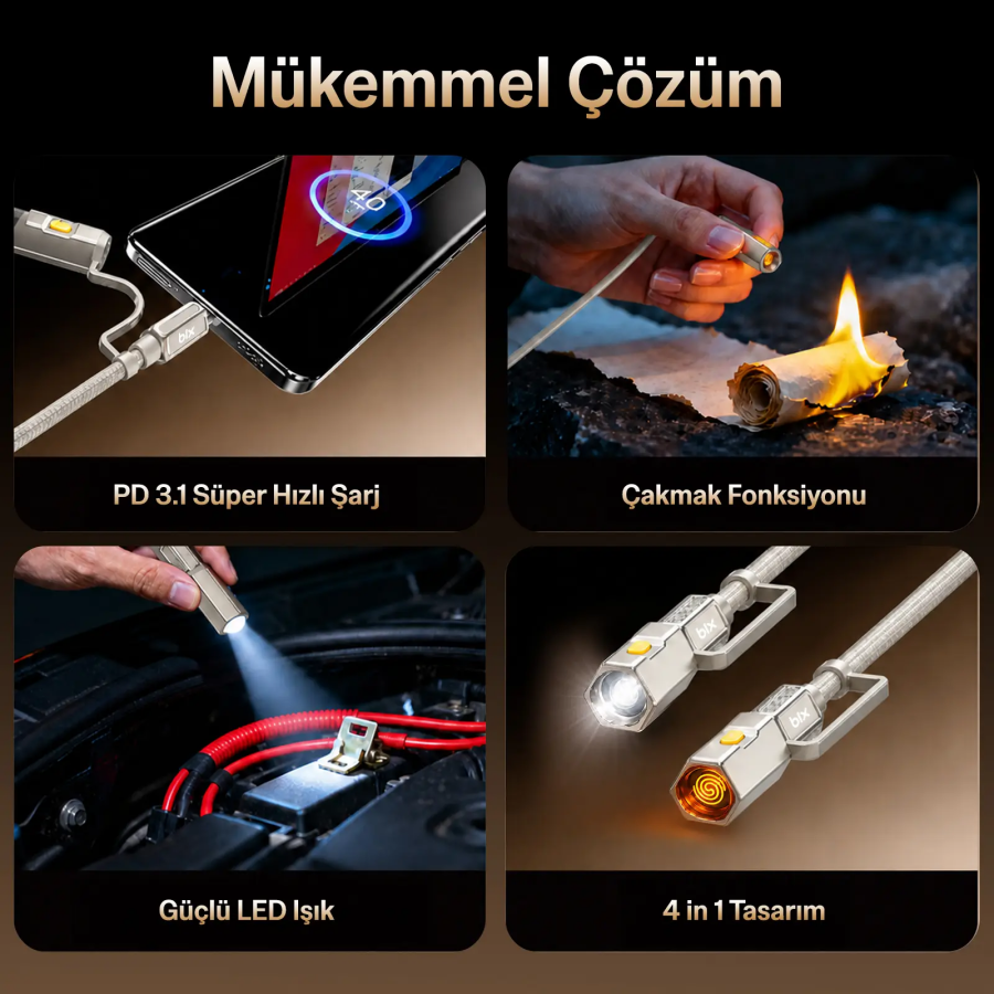 Bix T2IN1C 240W LED Fener ve Alevsiz Çakmak Fonksiyonlu Type-C to Type-C Şarj ve Data Kablosu 1.2 Metre Gri - 3