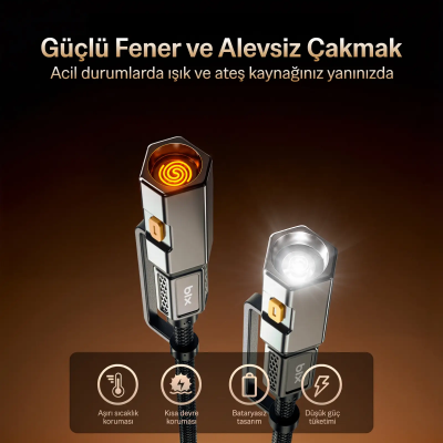 Bix T2IN1C 240W LED Fener ve Alevsiz Çakmak Fonksiyonlu Type-C to Type-C Şarj ve Data Kablosu 1.2 Metre Gri - 5
