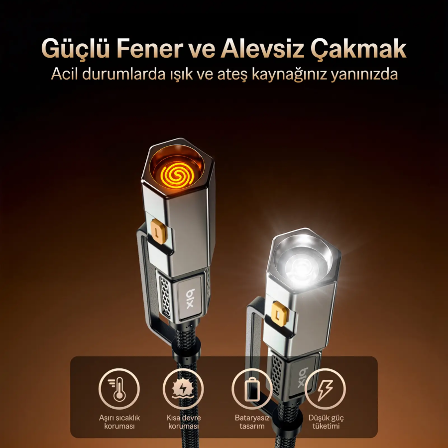 Bix T2IN1C 240W LED Fener ve Alevsiz Çakmak Fonksiyonlu Type-C to Type-C Şarj ve Data Kablosu 1.2 Metre Gri - 5