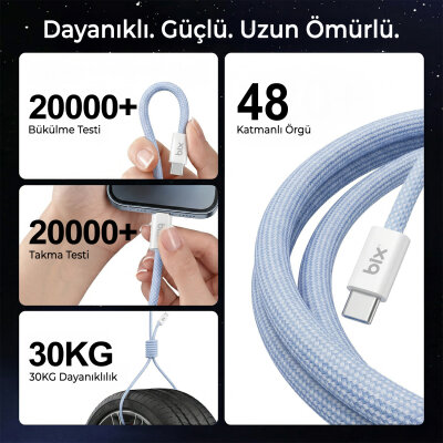 Bix T4CC 65W Type-C to Type-C Örgülü Manyetik Tasarım Hızlı Şarj ve Data Kablosu 1 Metre Beyaz - 4