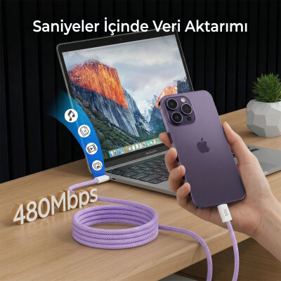 Bix T4CC 65W Type-C to Type-C Örgülü Manyetik Tasarım Hızlı Şarj ve Data Kablosu 1 Metre Mor - 3