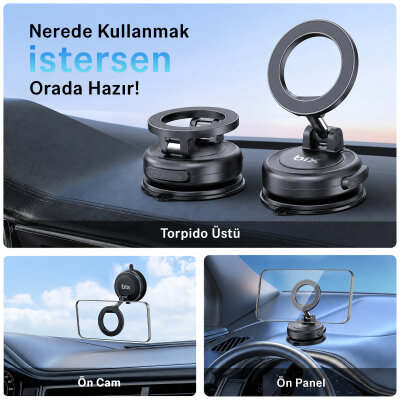Bix TCH05 360 Derece Dönebilen Vakumlu Manyetik Mıknatıslı Araç içi Telefon Tutucu Siyah - 3