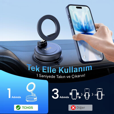 Bix TCH05 360 Derece Dönebilen Vakumlu Manyetik Mıknatıslı Araç içi Telefon Tutucu Siyah - 6