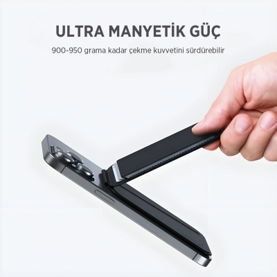 Bix TMW2 iPhone MagSafe Manyetik Deri Kartlık Katlanabilir Standlı Cüzdan Gri - 7