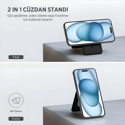 Bix TMW2 iPhone MagSafe Manyetik Deri Kartlık Katlanabilir Standlı Cüzdan Siyah - 9