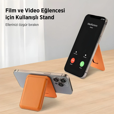 Bix TMW4 iPhone MagSafe Uyumlu Deri Cüzdan Manyetik Kartlık Standlı Katlanabilir Gold Kahverengi - 8