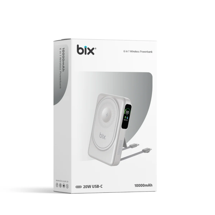 Bix TPB16 10000 mAh OLED Ekranlı Manyetik Kablosuz Powerbank 20W PD Hızlı Şarj ve 15W MagSafe Beyaz - 6