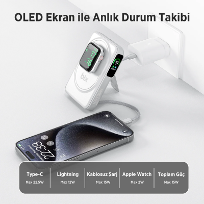 Bix TPB16 10000 mAh OLED Ekranlı Manyetik Kablosuz Powerbank 20W PD Hızlı Şarj ve 15W MagSafe Beyaz - 4