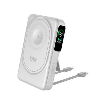 Bix TPB16 10000 mAh OLED Ekranlı Manyetik Kablosuz Powerbank 20W PD Hızlı Şarj ve 15W MagSafe Beyaz