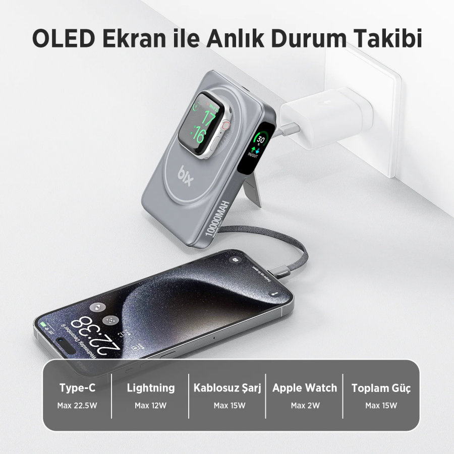 Bix TPB16 10000 mAh OLED Ekranlı Manyetik Kablosuz Powerbank 20W PD Hızlı Şarj ve 15W MagSafe Gri - 5