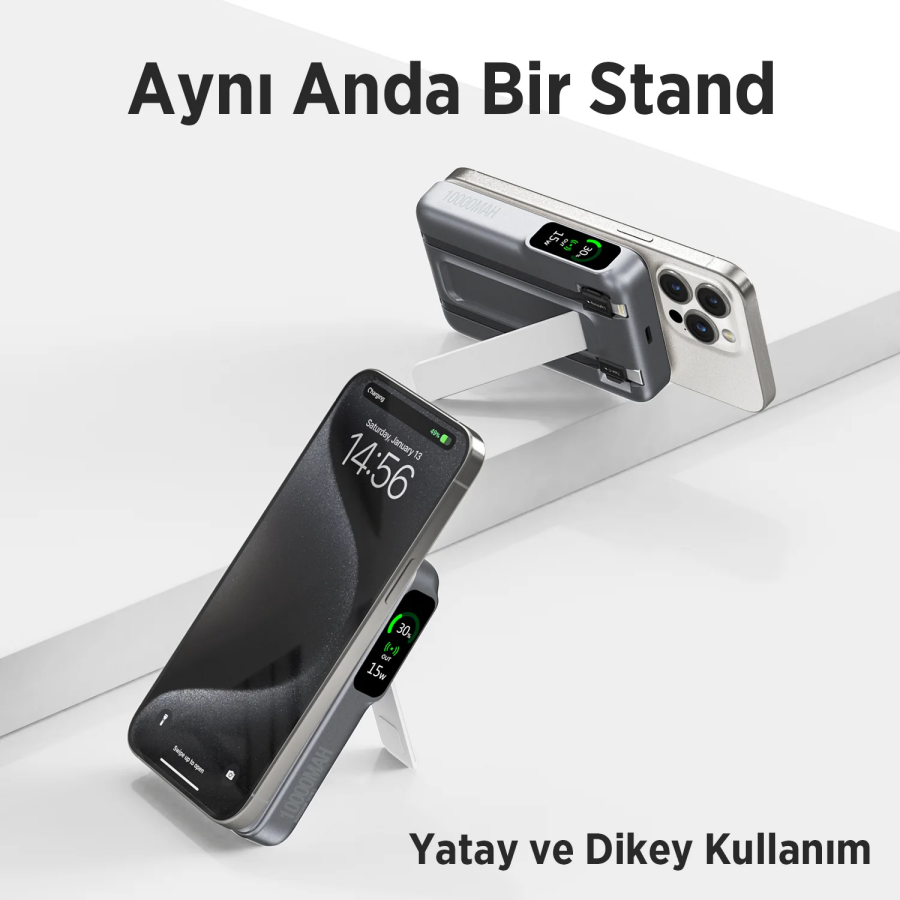 Bix TPB16 10000 mAh OLED Ekranlı Manyetik Kablosuz Powerbank 20W PD Hızlı Şarj ve 15W MagSafe Gri - 4