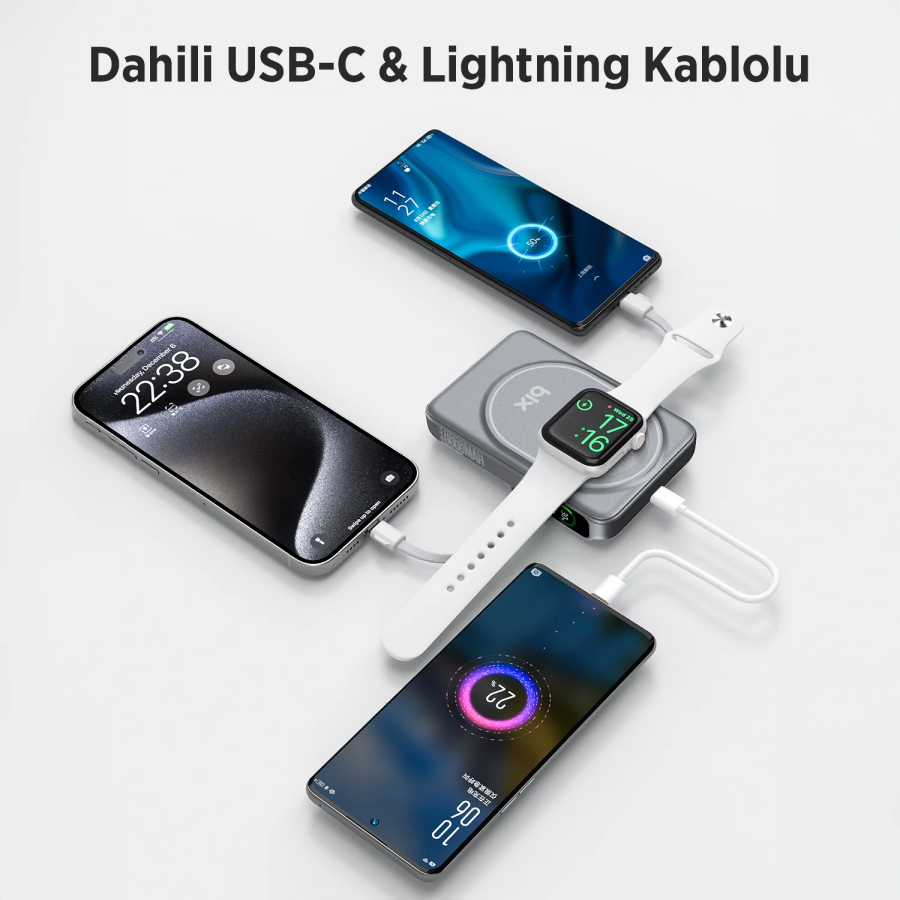 Bix TPB16 10000 mAh OLED Ekranlı Manyetik Kablosuz Powerbank 20W PD Hızlı Şarj ve 15W MagSafe Gri - 6