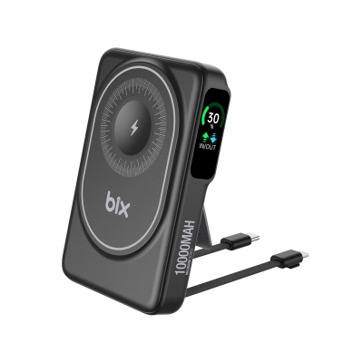 Bix TPB16 10000 mAh OLED Ekranlı Manyetik Kablosuz Powerbank 20W PD Hızlı Şarj ve 15W MagSafe Siyah 