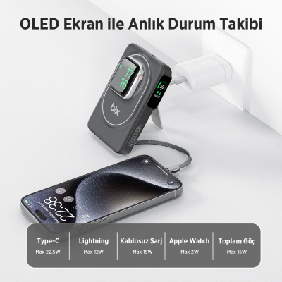 Bix TPB16 10000 mAh OLED Ekranlı Manyetik Kablosuz Powerbank 20W PD Hızlı Şarj ve 15W MagSafe Siyah - 6