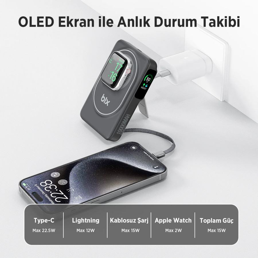 Bix TPB16 10000 mAh OLED Ekranlı Manyetik Kablosuz Powerbank 20W PD Hızlı Şarj ve 15W MagSafe Siyah - 6
