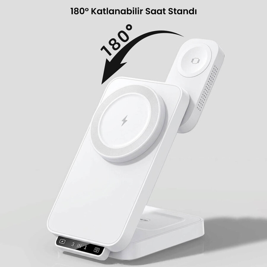 Bix TPS01 3’ü 1 15W Kablosuz Şarj Cihazı Telefon TWS Kulaklık Akıllı Saat Gece Işıklı Çok Fonksiyonlu Beyaz - 6