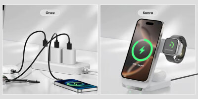 Bix TPS01 3’ü 1 15W Kablosuz Şarj Cihazı Telefon TWS Kulaklık Akıllı Saat Gece Işıklı Çok Fonksiyonlu Beyaz - 14