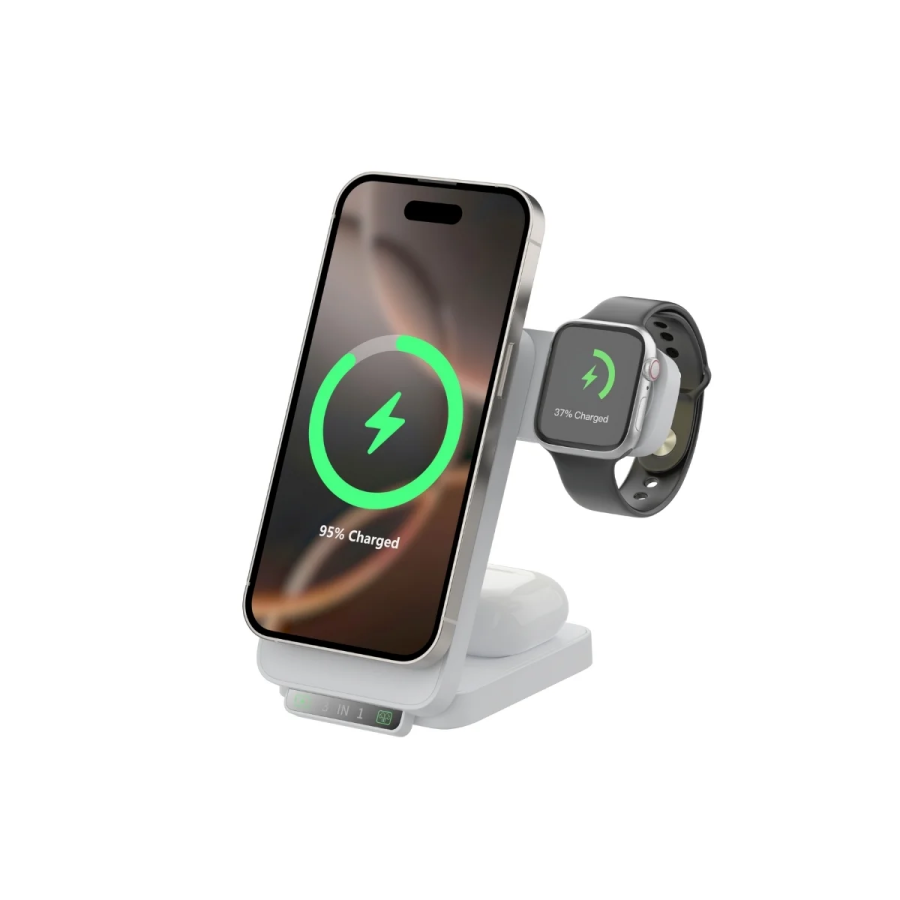 Bix TPS01 3’ü 1 15W Kablosuz Şarj Cihazı Telefon TWS Kulaklık Akıllı Saat Gece Işıklı Çok Fonksiyonlu Beyaz - 1