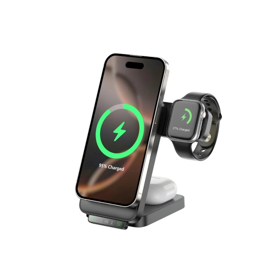 Bix TPS01 3’ü 1 15W Kablosuz Şarj Cihazı Telefon TWS Kulaklık Akıllı Saat Gece Işıklı Çok Fonksiyonlu Siyah - 1