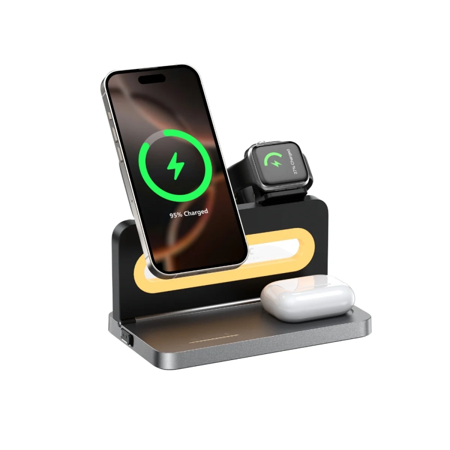 Bix TPS02 3’ü 1 15W Kablosuz Manyetik Şarj Standı Telefon TWS Kulaklık Akıllı Saat Gece Lambalı iPhone AirPods Apple Watch Uyumlu - 1