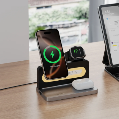 Bix TPS02 3’ü 1 15W Kablosuz Manyetik Şarj Standı Telefon TWS Kulaklık Akıllı Saat Gece Lambalı iPhone AirPods Apple Watch Uyumlu - 4