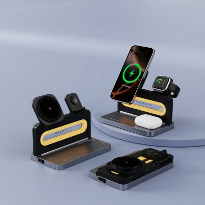 Bix TPS02 3’ü 1 15W Kablosuz Manyetik Şarj Standı Telefon TWS Kulaklık Akıllı Saat Gece Lambalı iPhone AirPods Apple Watch Uyumlu - 5