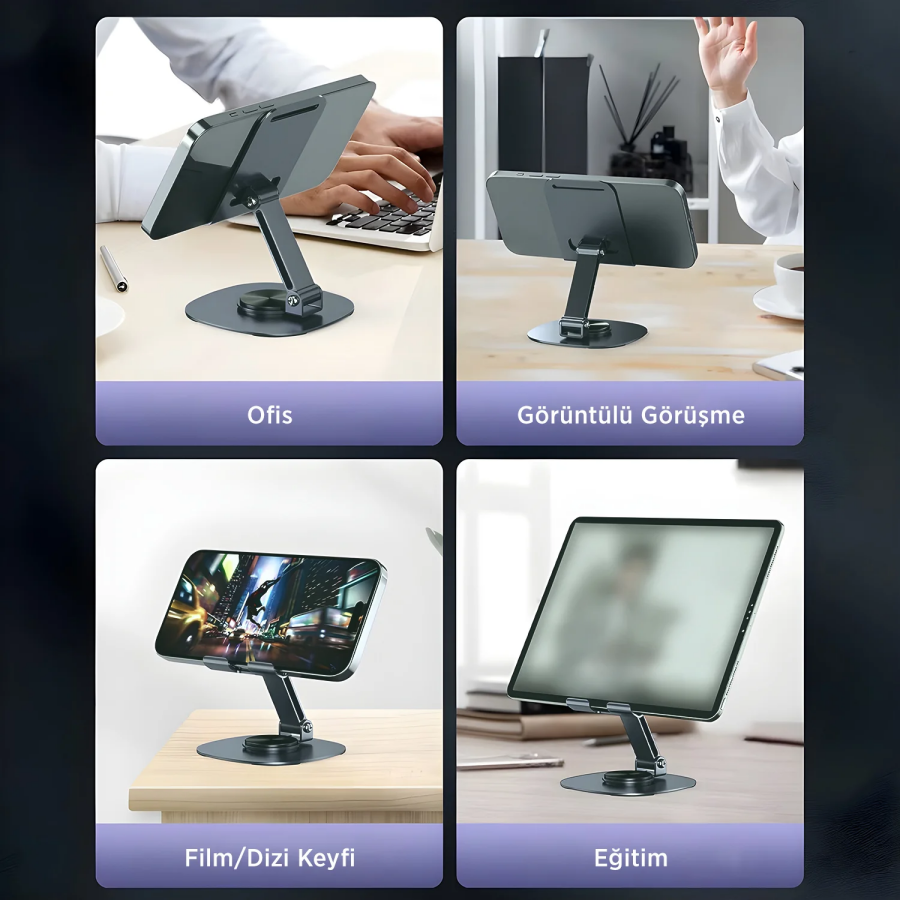 Bix TS01 Katlanabilir 360° Çok Açılı Yükseklik Ayarlı Metal Masaüstü Tablet iPad ve Telefon Standı Gri - 3