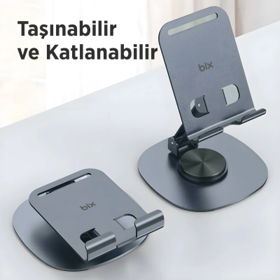 Bix TS01 Katlanabilir 360° Çok Açılı Yükseklik Ayarlı Metal Masaüstü Tablet iPad ve Telefon Standı Gri - 8