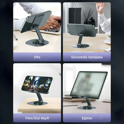 Bix TS01 Katlanabilir 360° Çok Açılı Yükseklik Ayarlı Metal Masaüstü Tablet iPad ve Telefon Standı Gri - 3