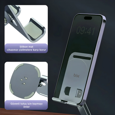 Bix TS01 Katlanabilir 360° Çok Açılı Yükseklik Ayarlı Metal Masaüstü Tablet iPad ve Telefon Standı Gri - 6