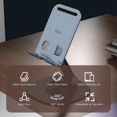 Bix TS01 Katlanabilir 360° Çok Açılı Yükseklik Ayarlı Metal Masaüstü Tablet iPad ve Telefon Standı Gri - 7