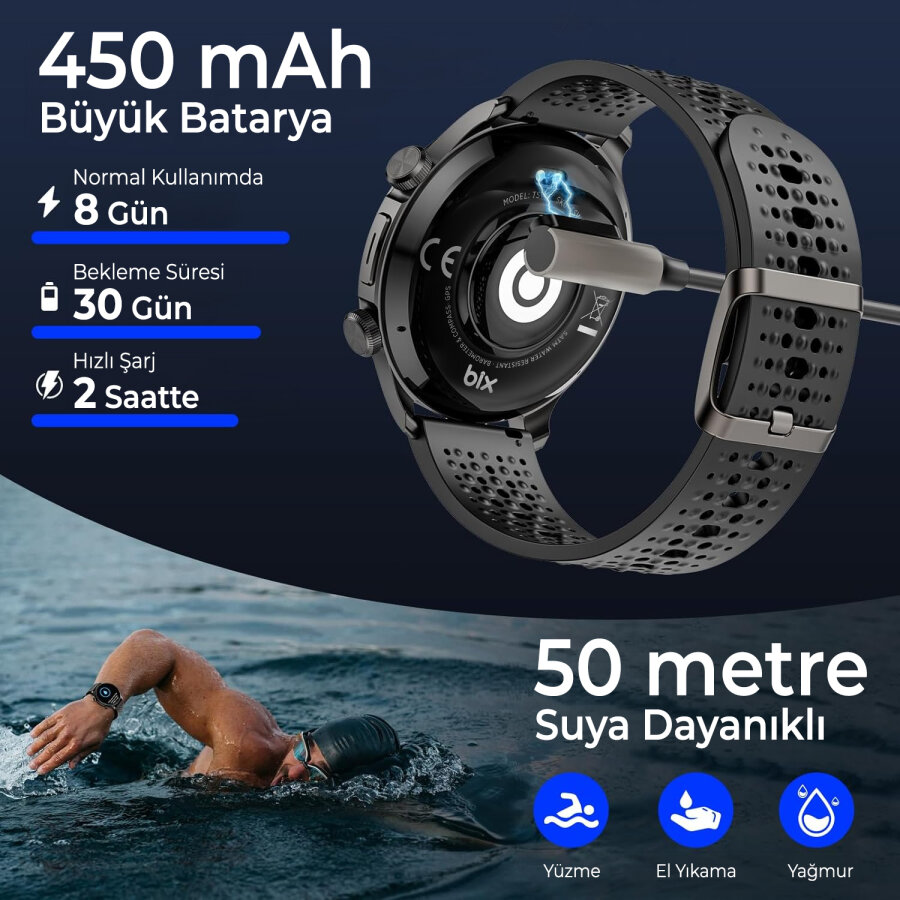 Bix TSW6 48mm 1.6 inç Super Retina AMOLED GPS AI Yapay Zeka Bluetooth Aramalı Nabız SpO2 Ölçer Akıllı Saat Siyah - 6