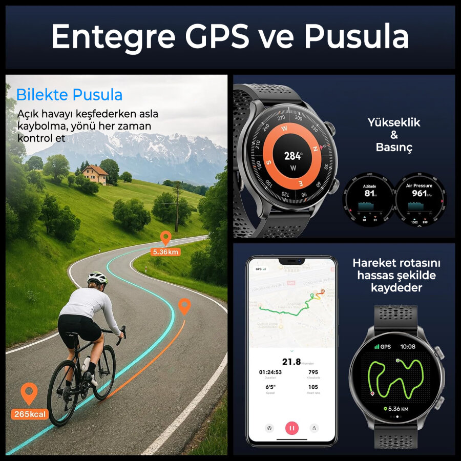Bix TSW6 48mm 1.6 inç Super Retina AMOLED GPS AI Yapay Zeka Bluetooth Aramalı Nabız SpO2 Ölçer Akıllı Saat Siyah - 7
