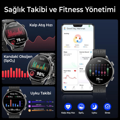 Bix TSW6 48mm 1.6 inç Super Retina AMOLED GPS AI Yapay Zeka Bluetooth Aramalı Nabız SpO2 Ölçer Akıllı Saat Siyah - 9