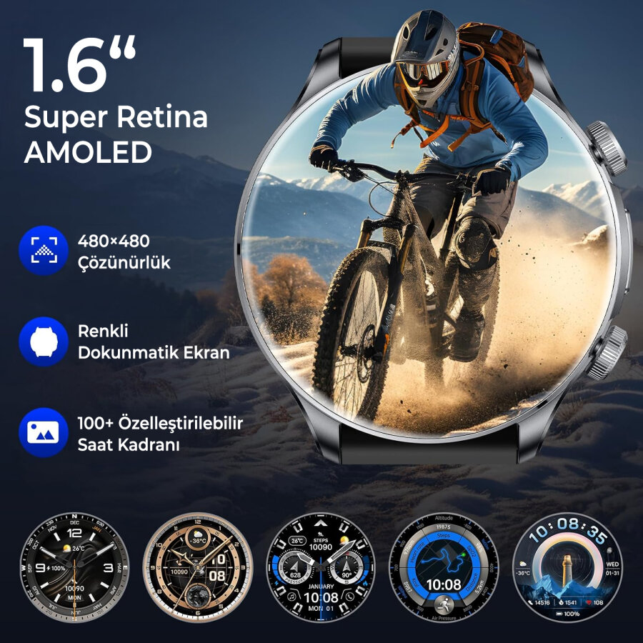Bix TSW6 48mm 1.6 inç Super Retina AMOLED GPS AI Yapay Zeka Bluetooth Aramalı Nabız SpO2 Ölçer Akıllı Saat Siyah - 10