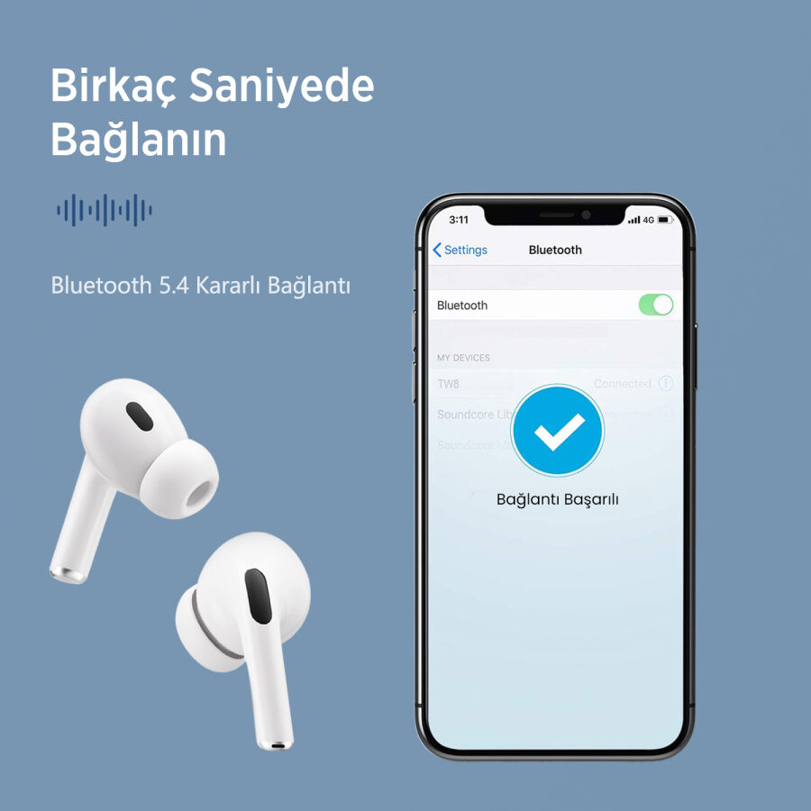 Bix TW8 Soundcraft ANC/ENC Destekli Dokunmatik Dijital Ekranlı Bluetooth 5.4 TWS Kulak içi Kulaklık Beyaz - 3