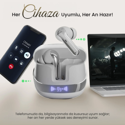 Bix TWX Soundcraft TWS Bluetooth 5.4 Kulak İçi Kulaklık Beyaz ANC ENC Gürültü Engelleme Dijital LED Ekranlı Beyaz - 6