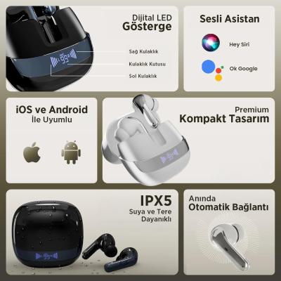 Bix TWX Soundcraft TWS Bluetooth 5.4 Kulak İçi Kulaklık Beyaz ANC ENC Gürültü Engelleme Dijital LED Ekranlı Beyaz - 4