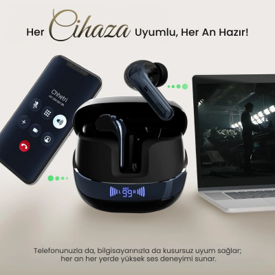 Bix TWX Soundcraft TWS Bluetooth 5.4 Kulak İçi Kulaklık Beyaz ANC ENC Gürültü Engelleme Dijital LED Ekranlı Siyah - 8