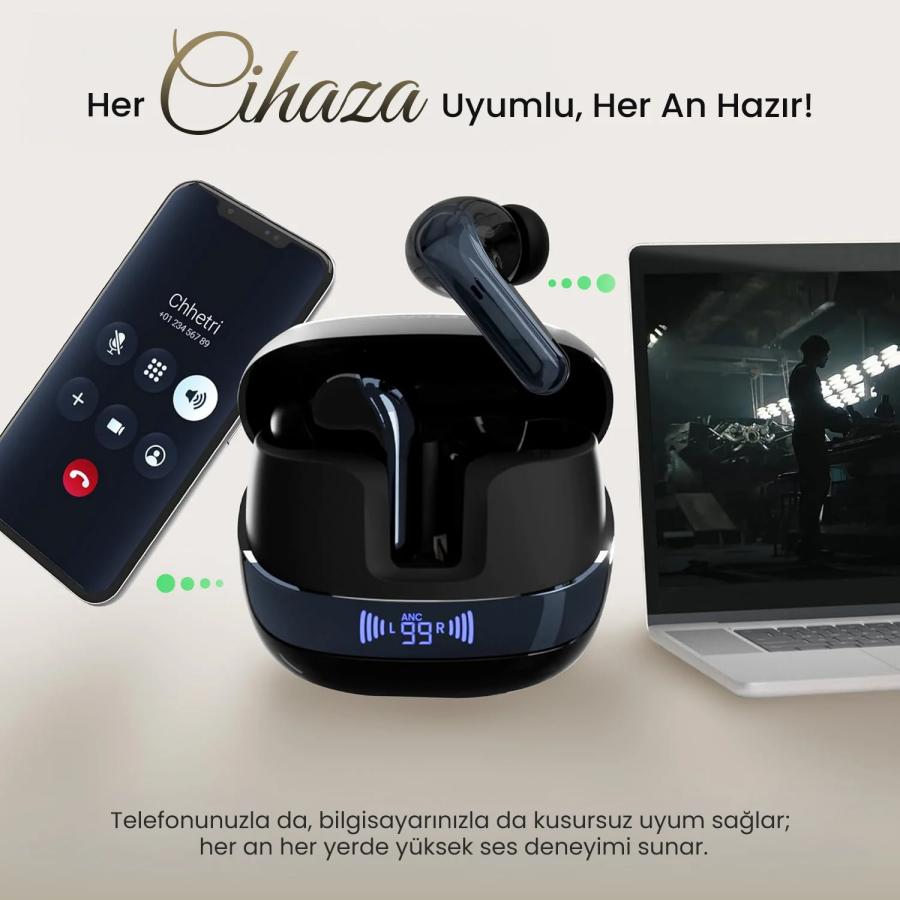 Bix TWX Soundcraft TWS Bluetooth 5.4 Kulak İçi Kulaklık Beyaz ANC ENC Gürültü Engelleme Dijital LED Ekranlı Siyah - 8