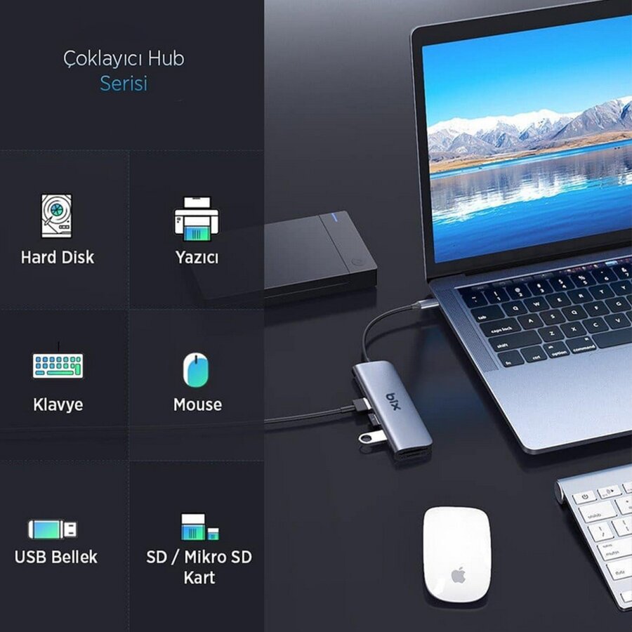Bix Type-C PD 4 Portlu USB 3.0 Dönüştürücü Hub - 6