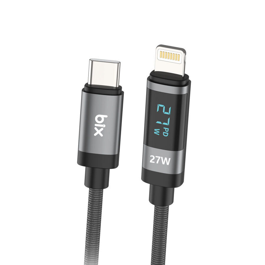 Bix Type-C to Lightning iPhone 27W Örgülü LED Dijital Ekranlı Şarj ve Data Kablosu 1 Metre - 1
