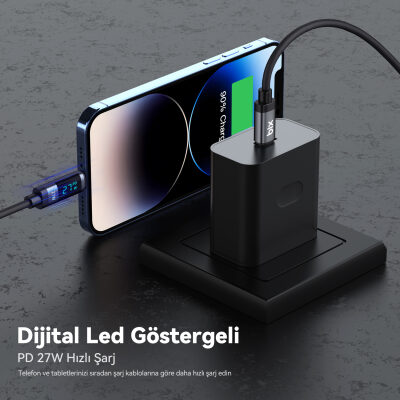 Bix Type-C to Lightning iPhone 27W Örgülü LED Dijital Ekranlı Şarj ve Data Kablosu 1 Metre - 4