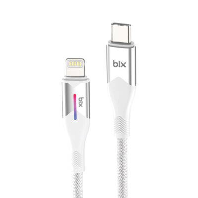 Bix Type-C to Lightning iPhone 27W Örgülü LED Işıklı Şarj ve Data Kablosu 1 Metre Beyaz 